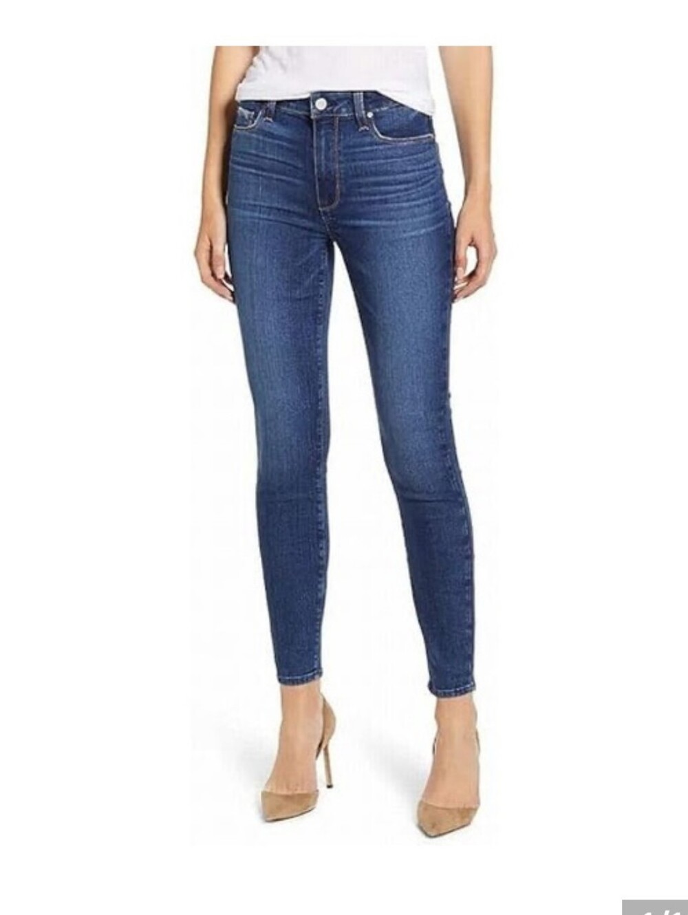 Paige Hoaxton Ankle Jeans Classic High-Rise Skinny Jeans in Medium Blue.